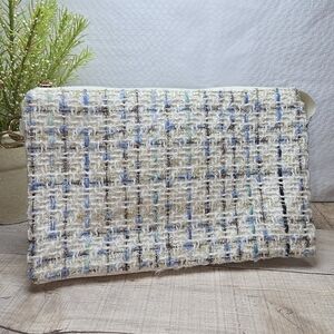 Jen & Co Tweed Clutch with Blue and Gold Details MULTI POCKETS, WRIST STRAP